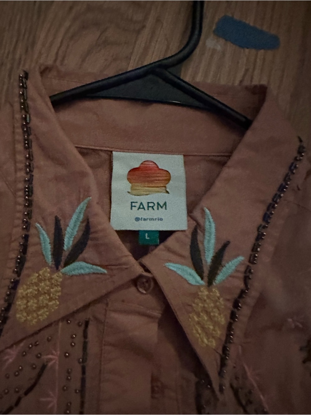 Embroidered Pineapple Button-Up Shirt in Dusty Rose - Picture 2 of 3